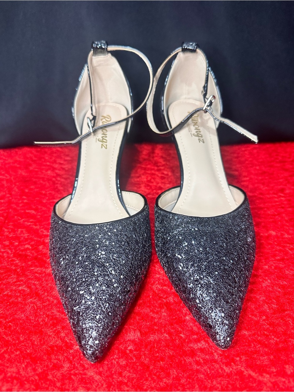 Black Glitter Pointed-Toe Ankle-Strap Heels